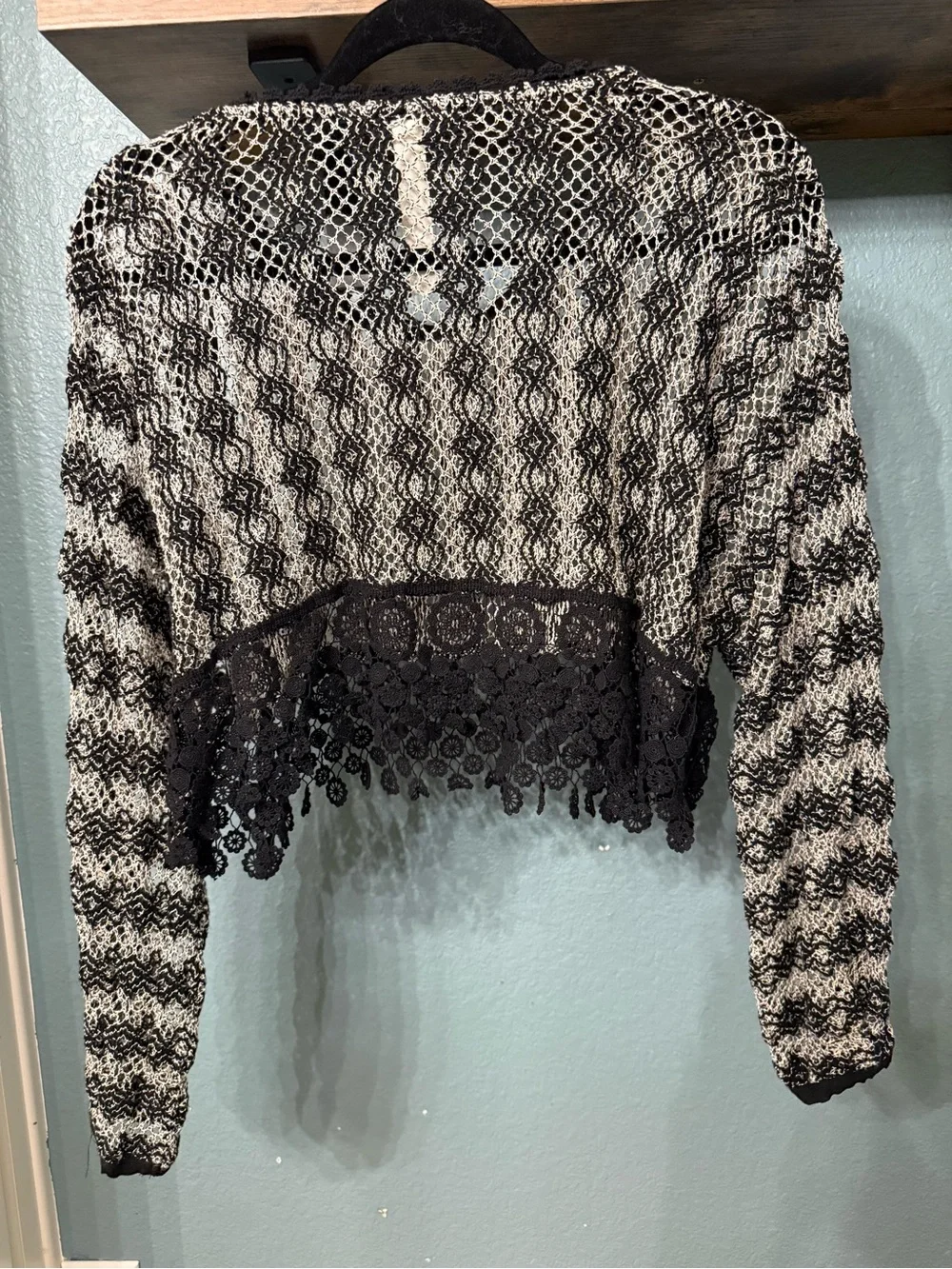 Free People New Romantics Crochet Lace Crop Sweater Black Ivory XS Boho Festival
